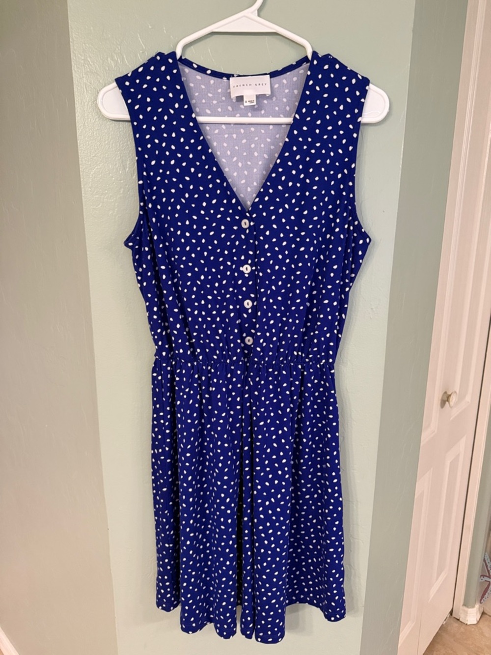 French Grey Blue Polka Dot V-Neck Sleeveless Dress